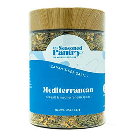 Coastal Goods Sarah's Sea Salt Mediterranean close-up shows garlic and herbs enhancing meals.
