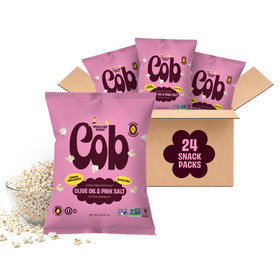 Cob Olive Oil Pinking Salt Popped Sorghum 24 pack bags are a gluten free snack.
