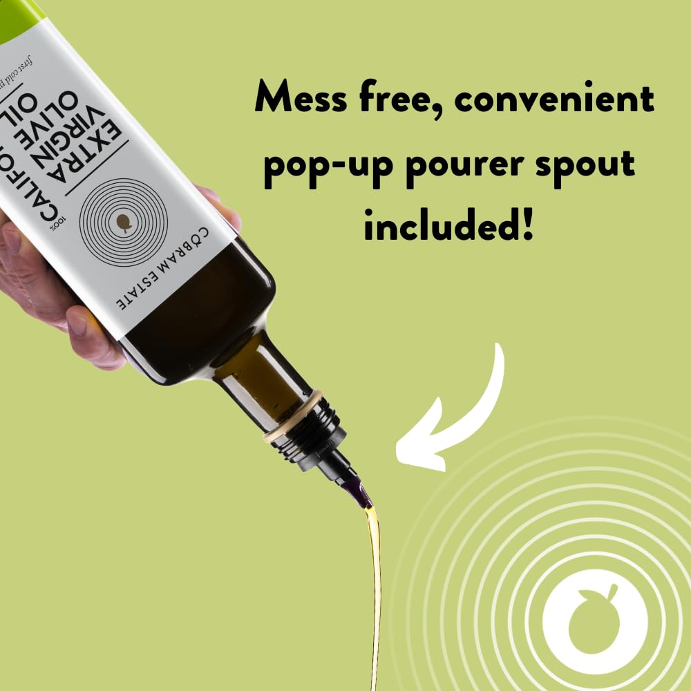 Cobram Estate first cold pressed olive oil bottle highlighting premium extraction.