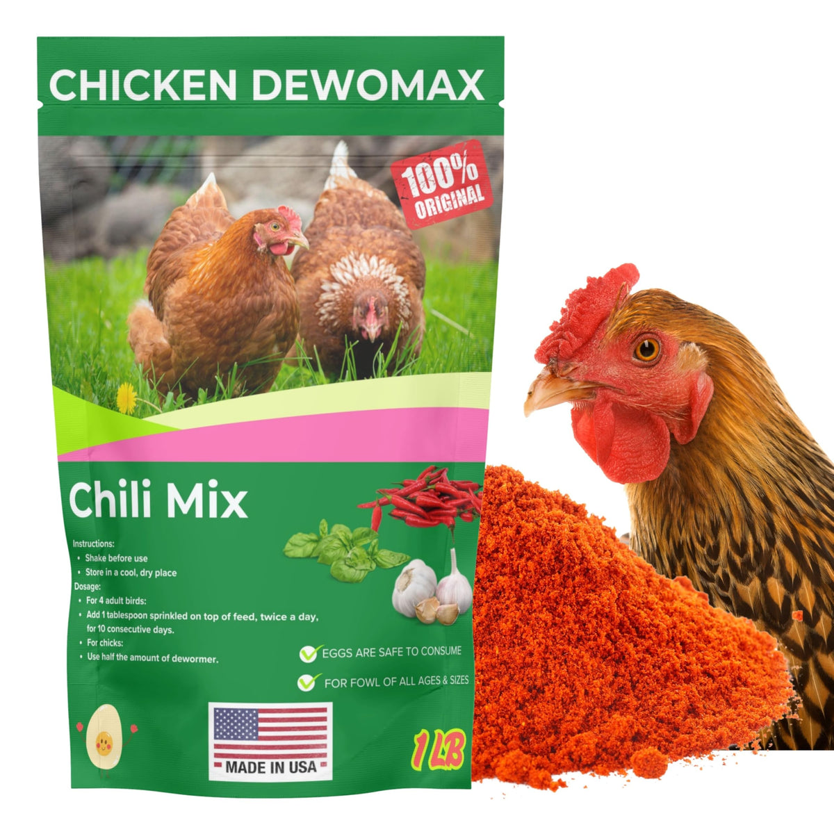 Coclara Chicken Chili Mix De-Wormer powder sprinkled over feed for balanced digestion.
