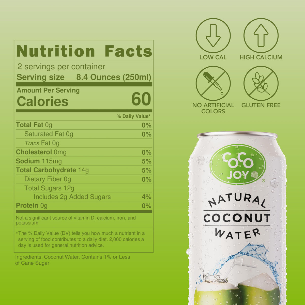 CoCo Joy coconut water label highlights simple natural ingredients for clean hydration.
