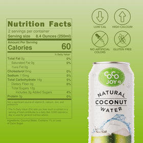 CoCo Joy coconut water label highlights simple natural ingredients for clean hydration.
