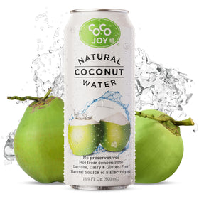 CoCo Joy natural coconut water 12-pack bottle pour—refreshing hydration from real coconuts.