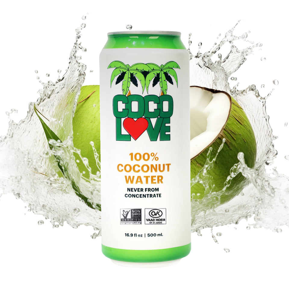 Coco Love 100% Coconut Water can on the go for refreshing hydration.