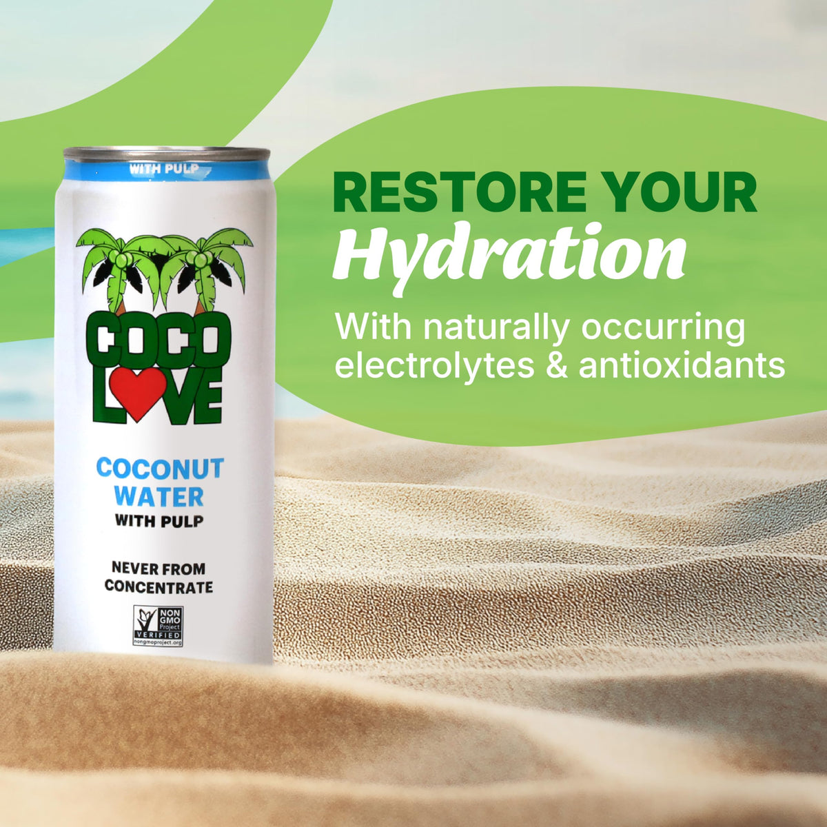 Coco Love coconut water with pulp front of can shows authentic flavor and pure ingredients.