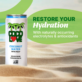 Coco Love coconut water with pulp front of can shows authentic flavor and pure ingredients.