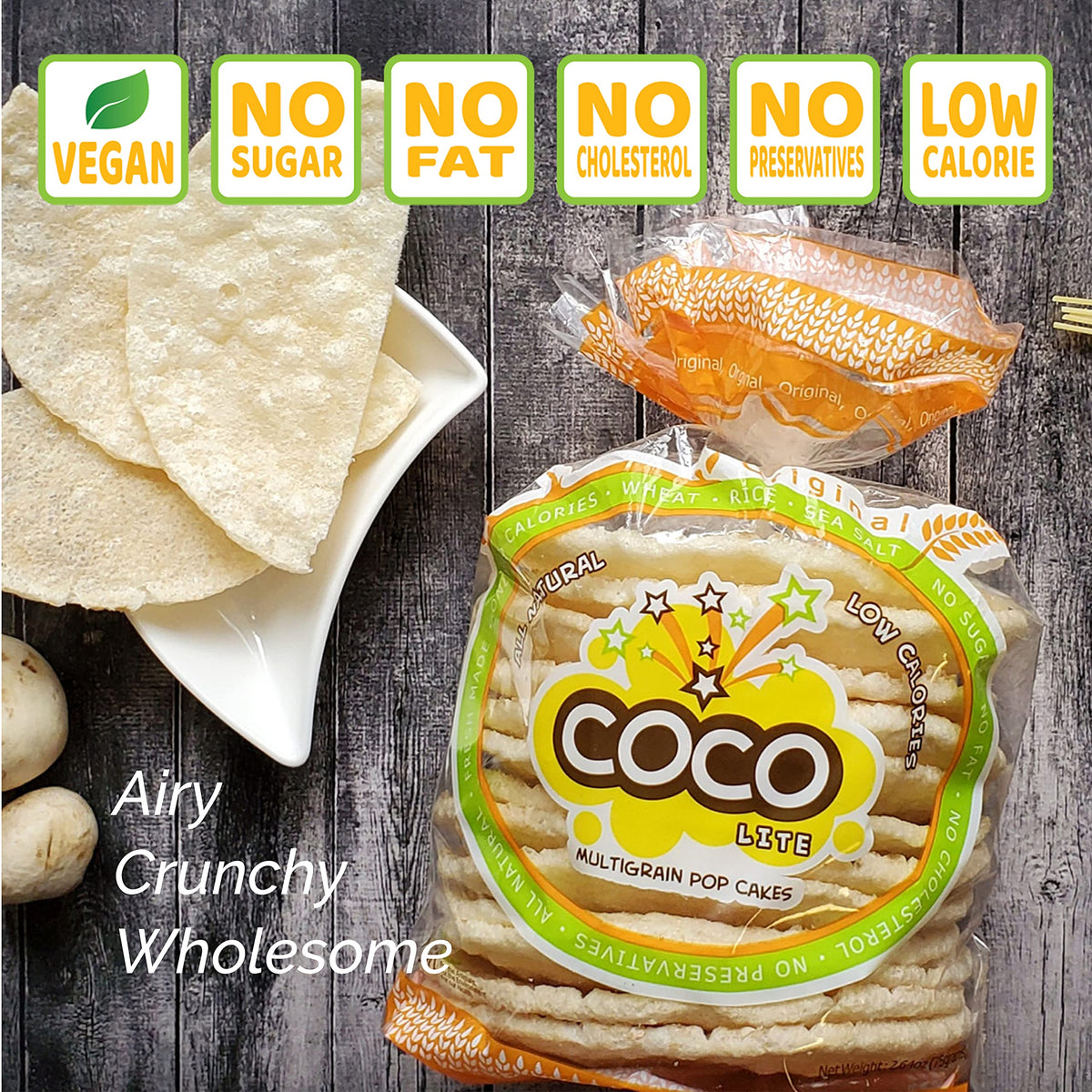 Serving COCO POP SNAX Coco Lite original popped rice cakes with toppings