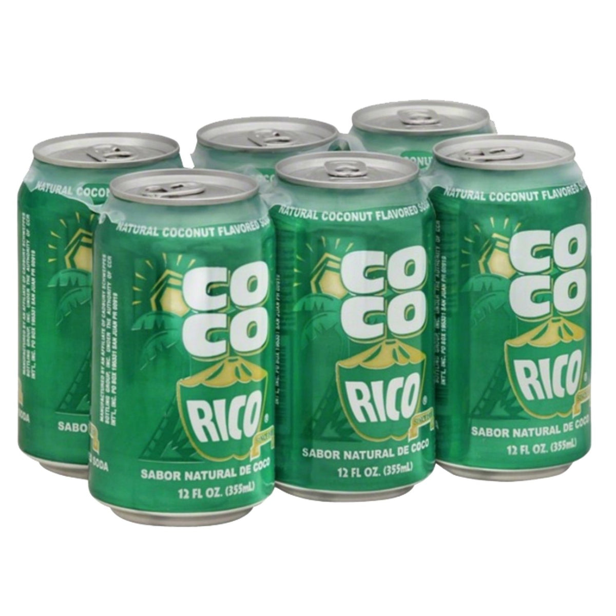 Coco Rico coconut soda pack of six 12 oz cans, refreshing option for gatherings