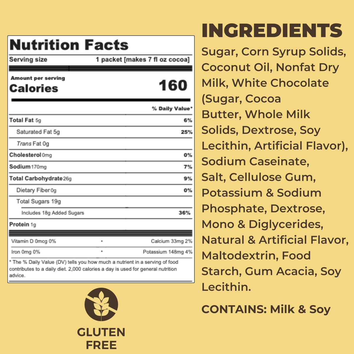 Gluten-free label on Arctic White Cocoa Mix packaging for安心 enjoyment