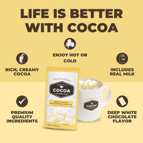Creamy Arctic White Cocoa Mix served in a mug with steam