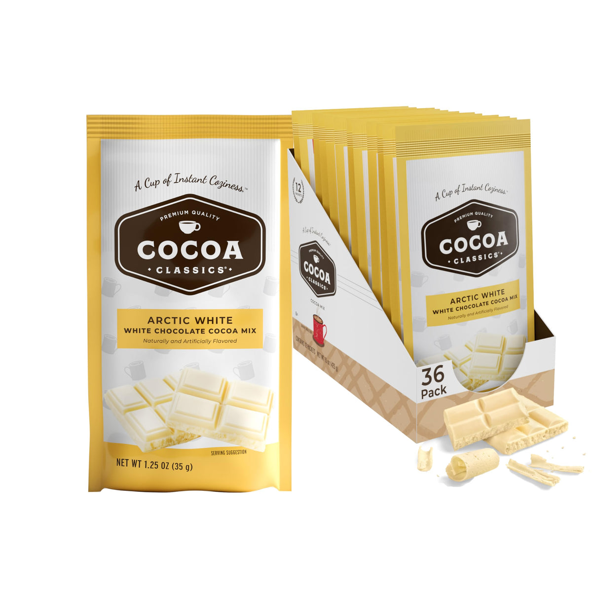 COCOA CLASSICS Arctic White Cocoa Mix packaging shown for quick serving
