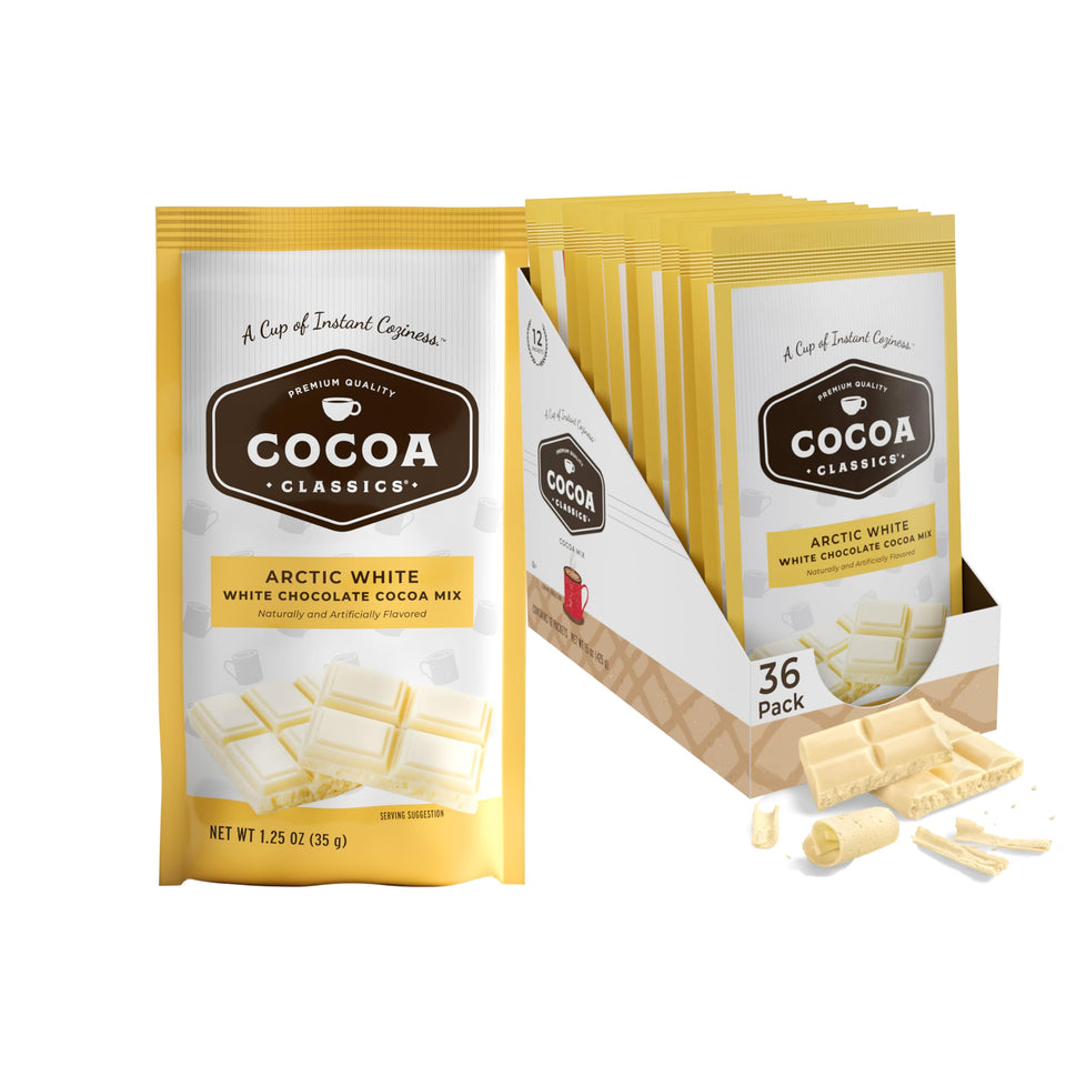 COCOA CLASSICS Arctic White Cocoa Mix packaging shown for quick serving