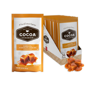 COCOA CLASSICS caramel cocoa mix packet front shows rich chocolate flavor for quick drinks