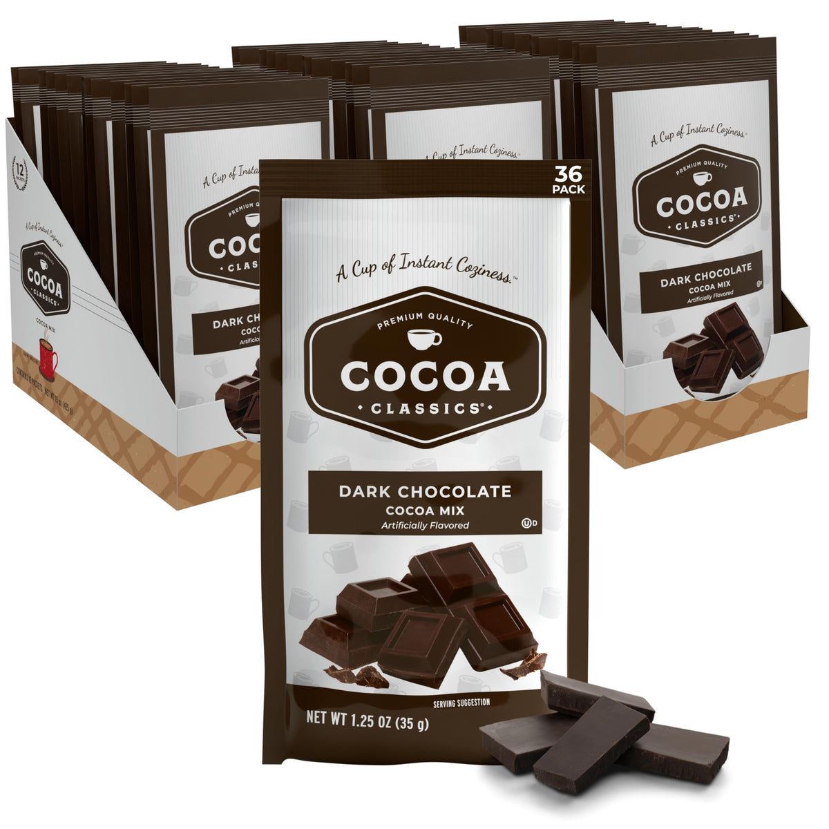 Cocoa Classics dark chocolate cocoa mix packets ready for a rich hot cocoa experience