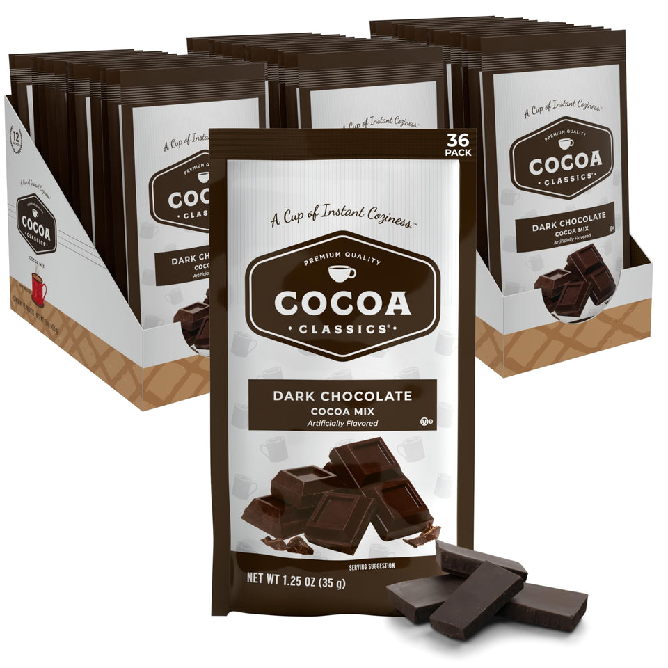 Cocoa Classics dark chocolate cocoa mix packets ready for a rich hot cocoa experience