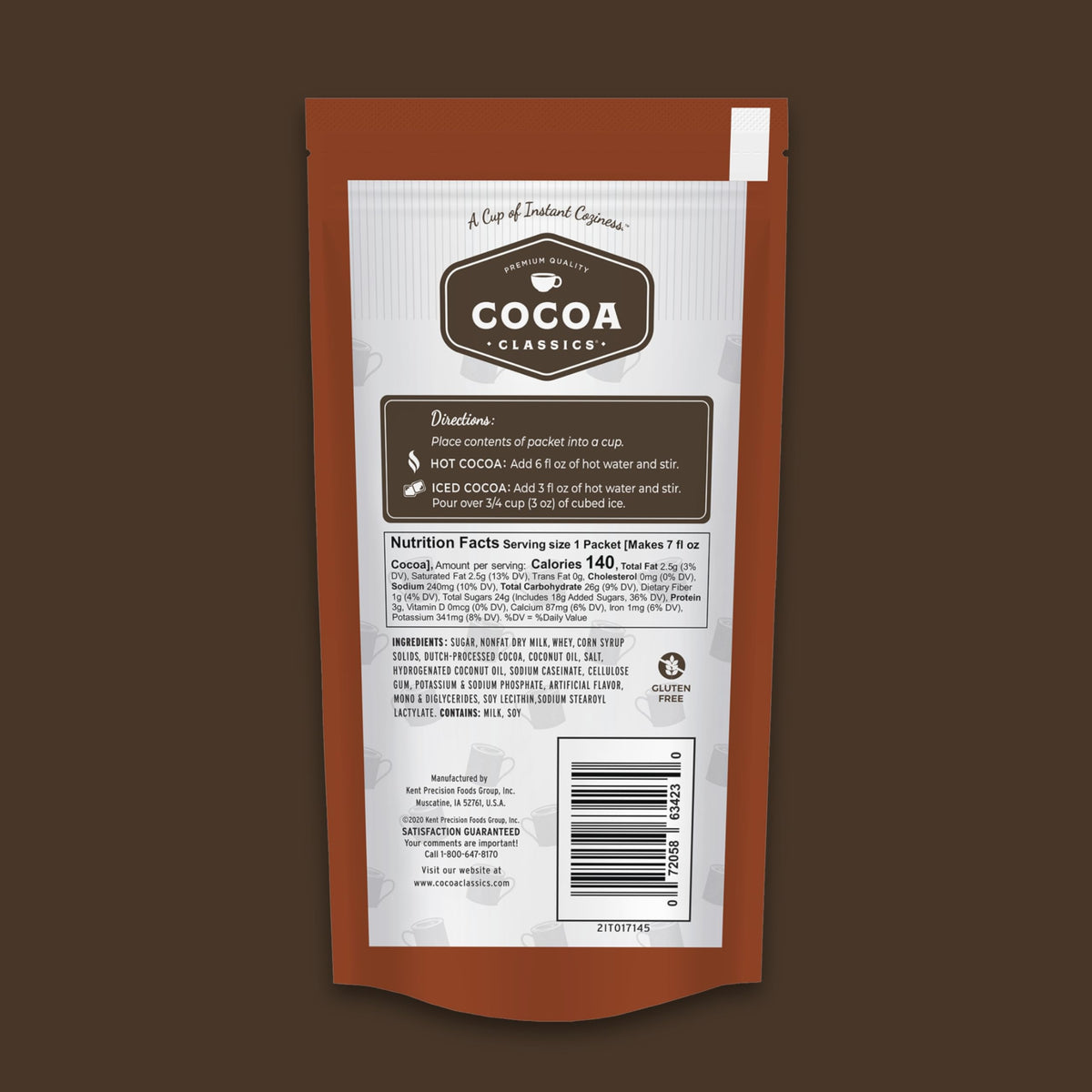 Gluten-free and kosher dairy certified Cocoa Classics packaging