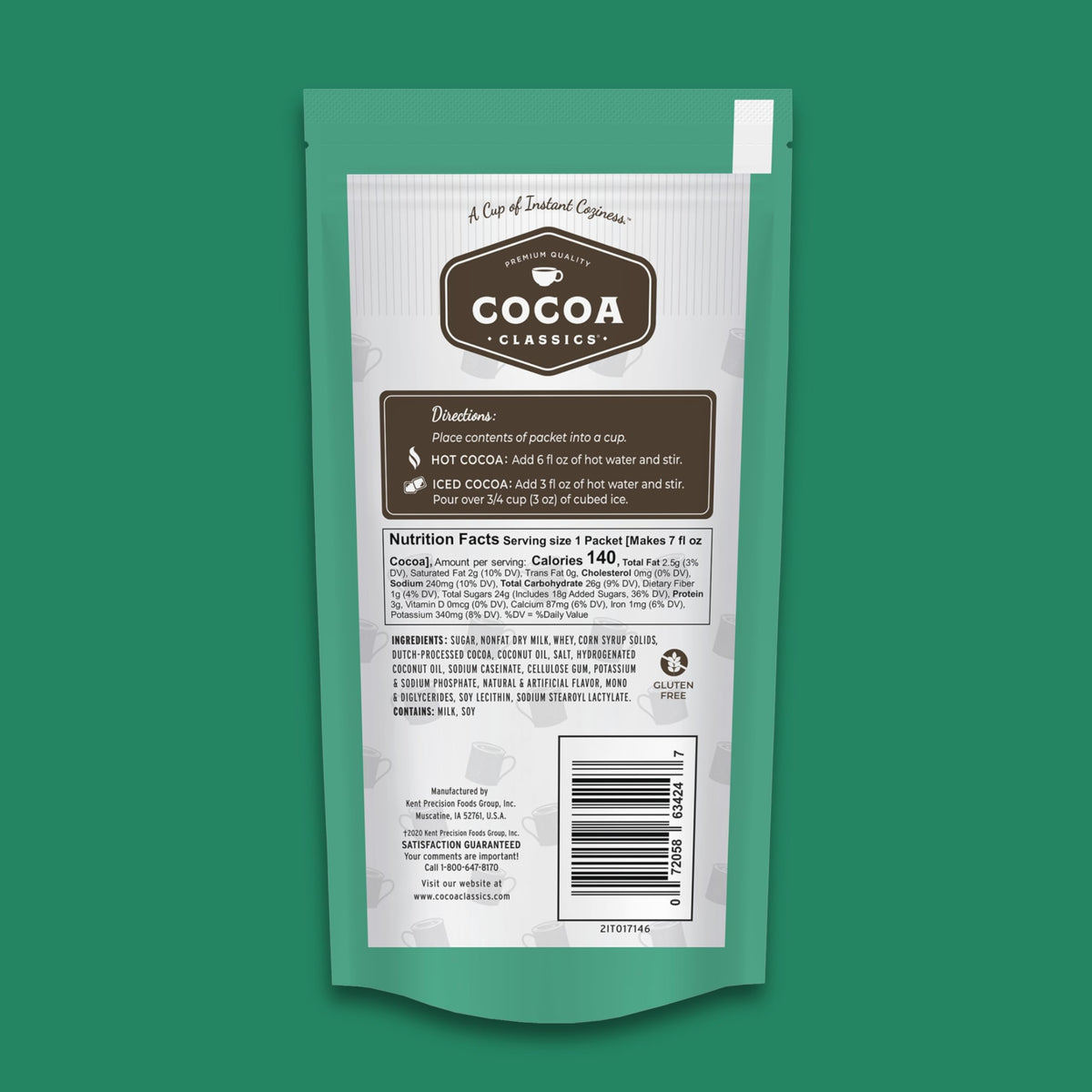 Cocoa Classics packaging showing gluten-free and kosher dairy certification.