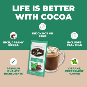 Cocoa Classics Mint Cocoa Mix dissolving in hot water with swirling steam.