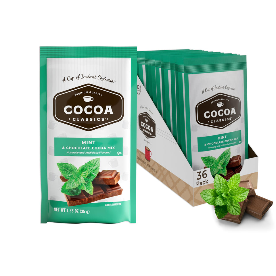 Cocoa Classics Mint Cocoa Mix package in a mug for a creamy chocolate moment.