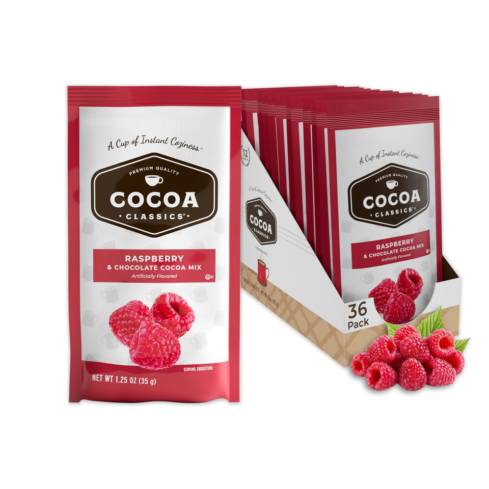 COCOA CLASSICS Raspberry Cocoa Mix box with 36 packets for quick stocking.