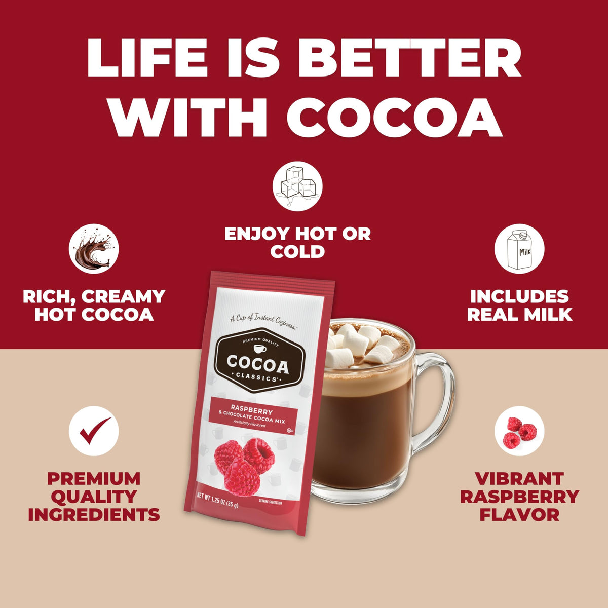 Steaming cup of COCOA CLASSICS Raspberry Cocoa Mix hot cocoa.