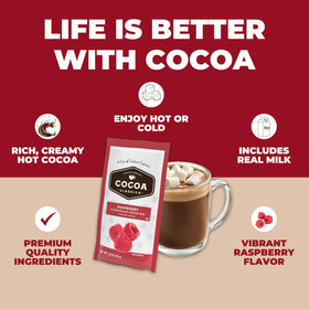 Steaming cup of COCOA CLASSICS Raspberry Cocoa Mix hot cocoa.