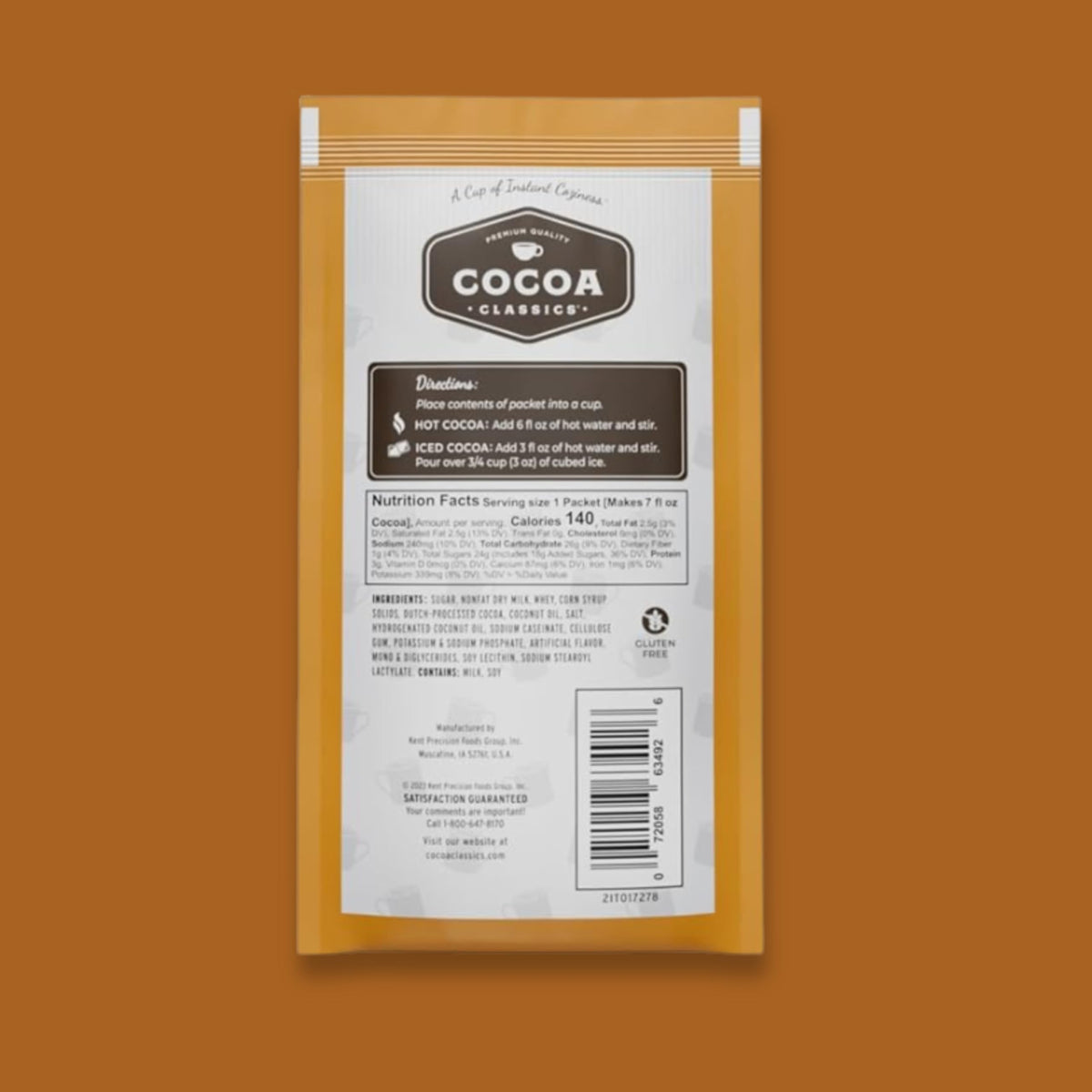 COCOA CLASSICS ready-to-dissolve mix poured into mug for smooth, comforting chocolate