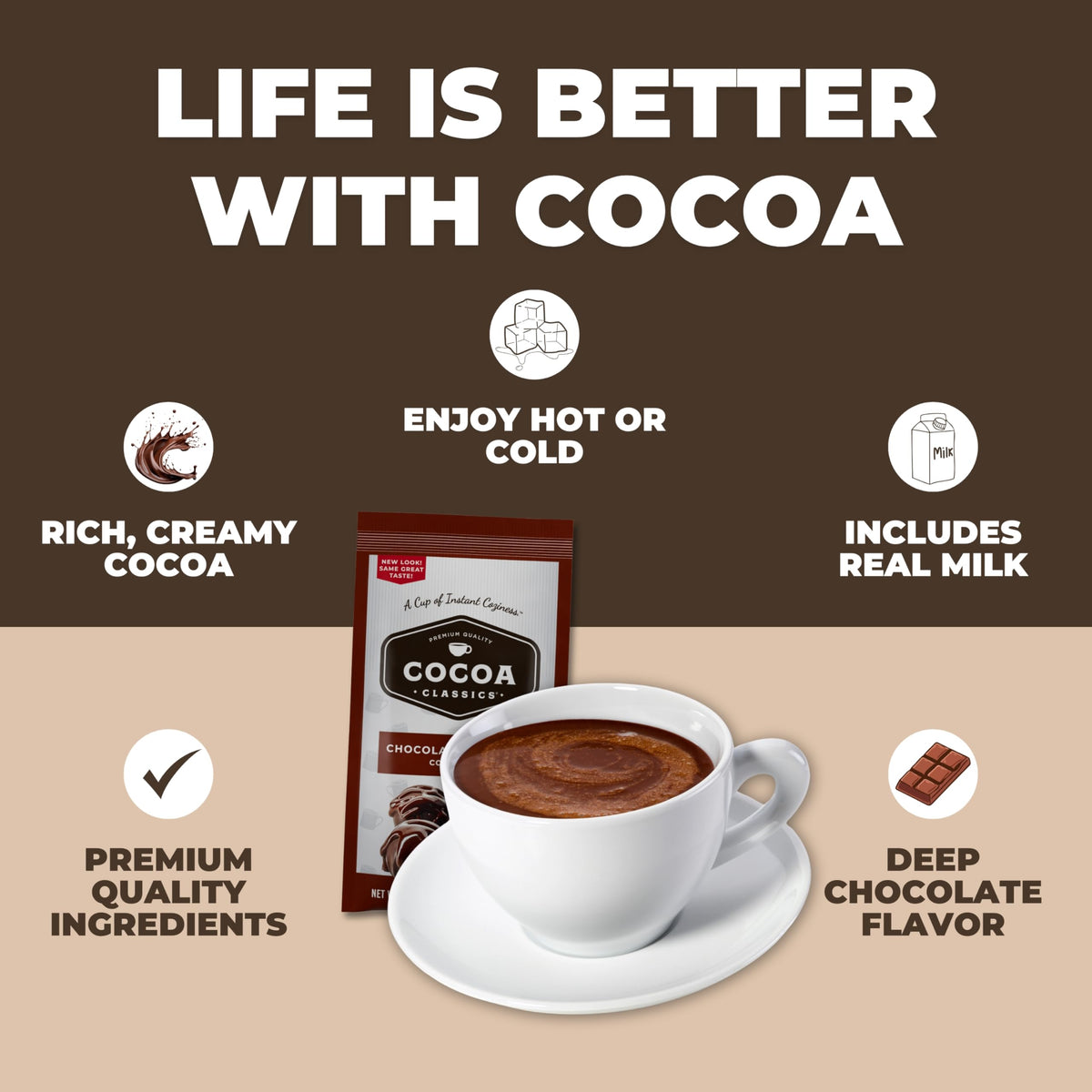 Steaming Cocoa Classics cup with rich, creamy cocoa aroma