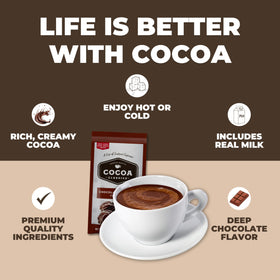 Steaming Cocoa Classics cup with rich, creamy cocoa aroma