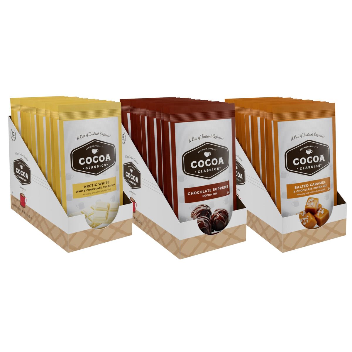 COCOA CLASSICS variety-pack box front for hot or iced cocoa