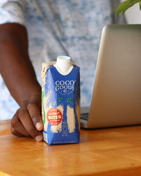 COCOGOODSCO 12-pack display showing convenient on-the-go hydration.