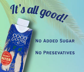 CocoGoodsCo label emphasizes single-origin quality and the 2.5% All Good Promise.