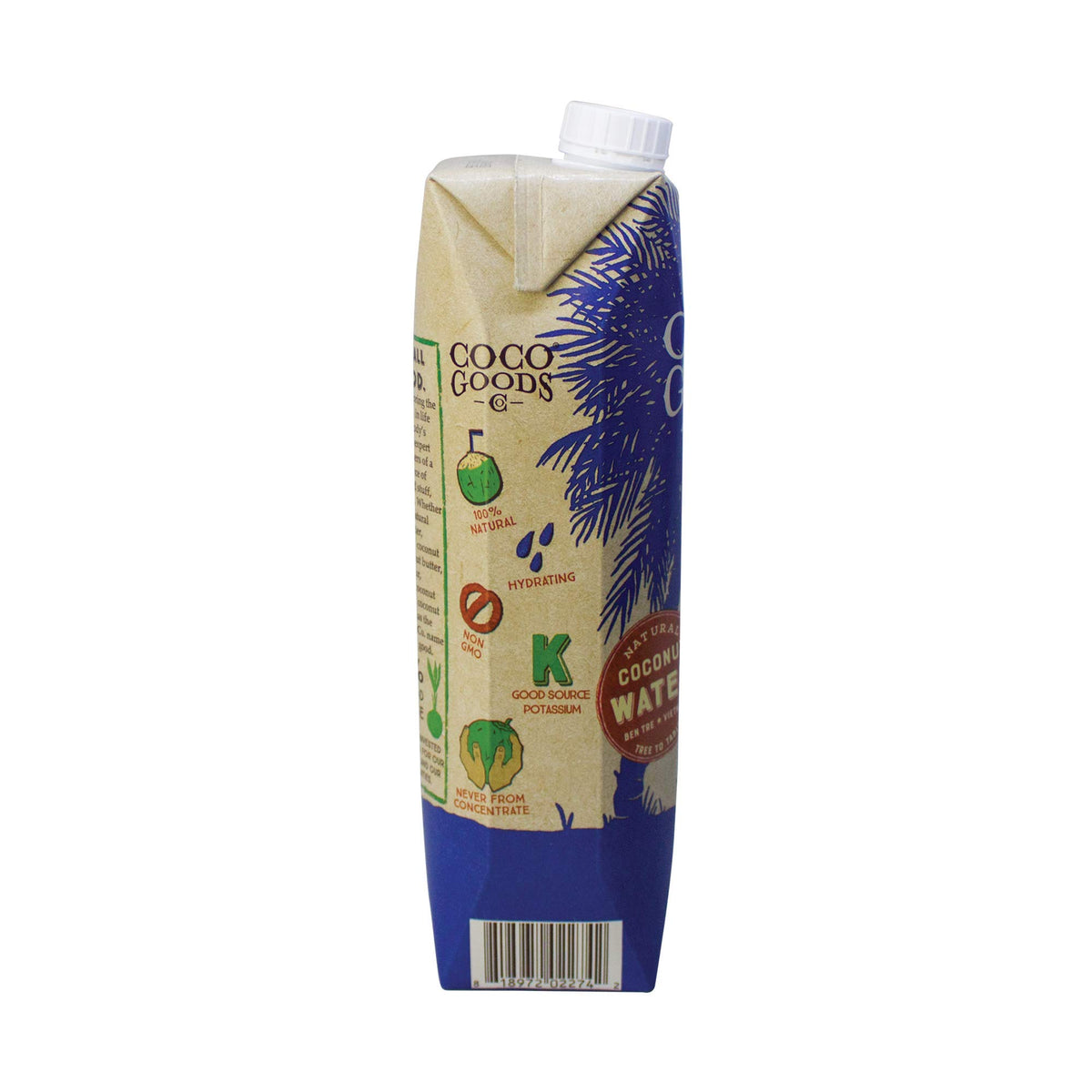 CocoGoodsCo label highlights single-origin coconut water and no added sugar