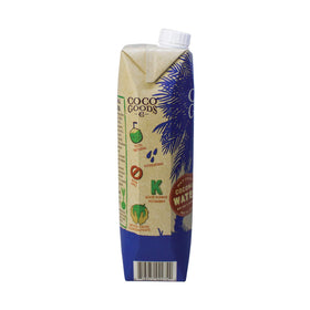 CocoGoodsCo label highlights single-origin coconut water and no added sugar