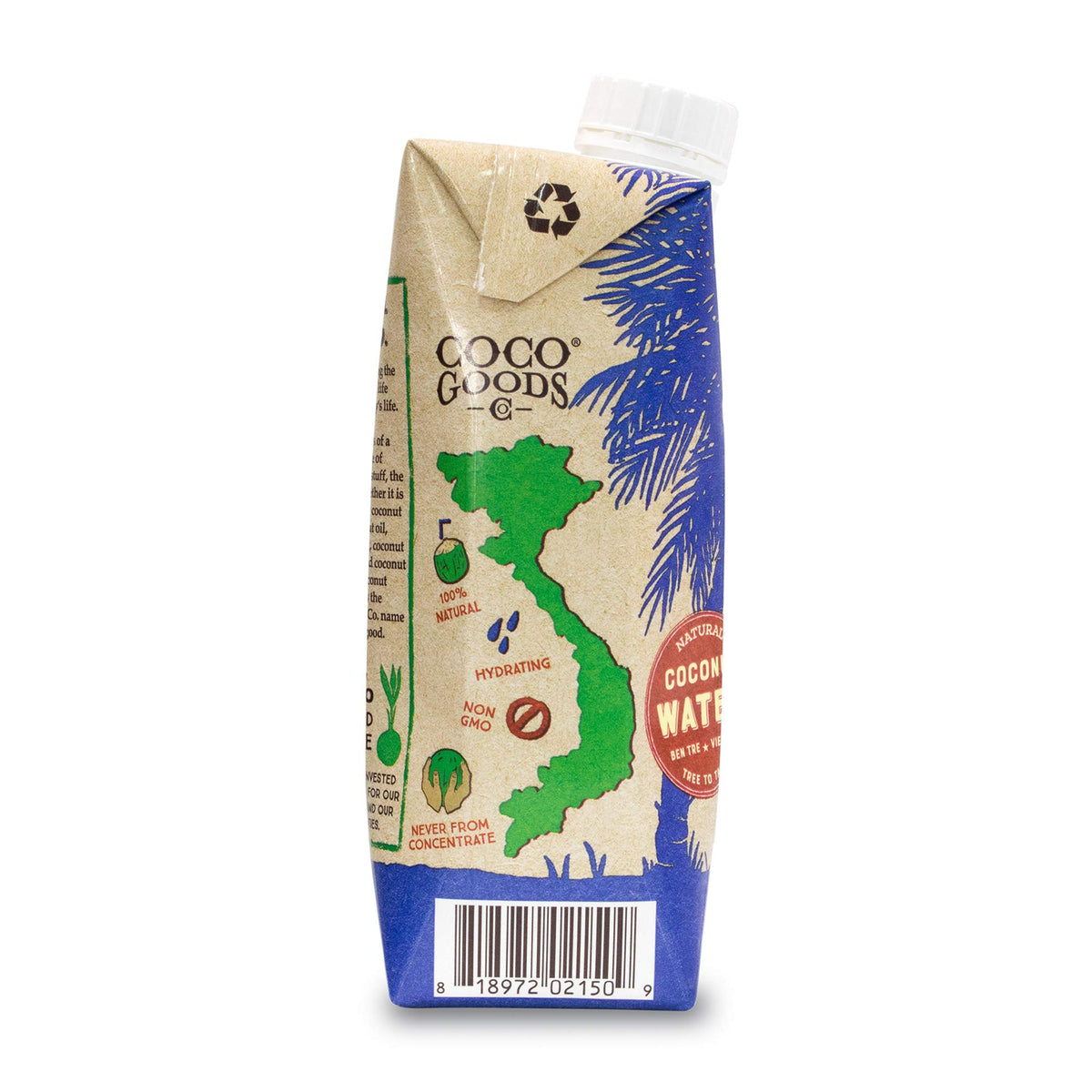 COCOGOODSCO never from concentrate bottle confirms pure coconut water.