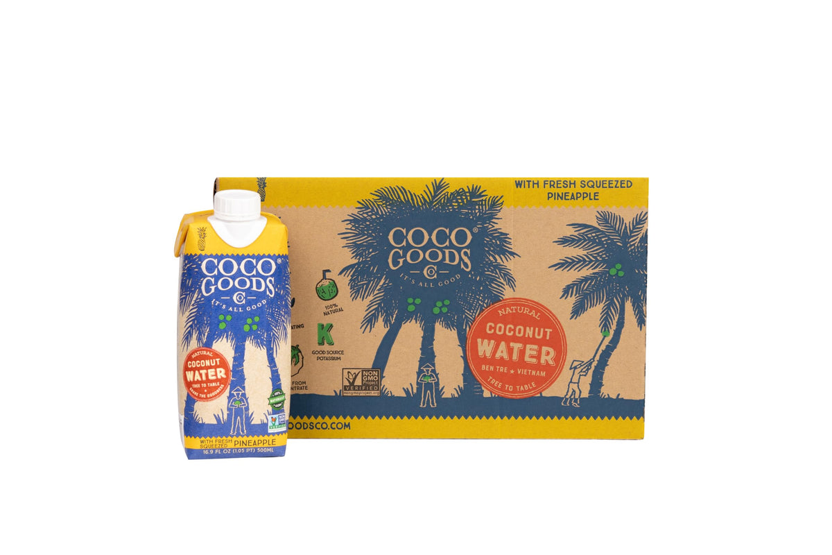 COCOGOODSCO single-origin coconut water bottle on a kitchen counter for refreshing hydration