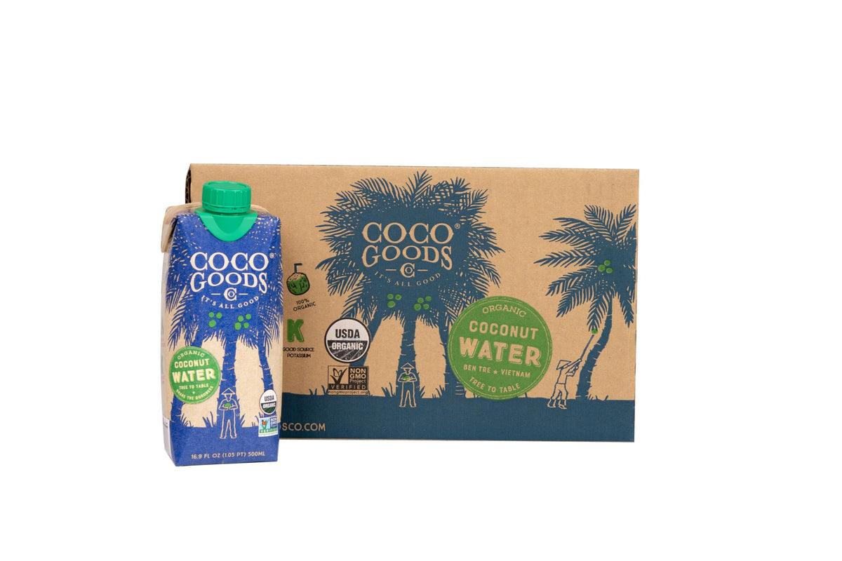 COCOGOODSCO bottle pour highlights 100% organic coconut water for refreshing hydration.