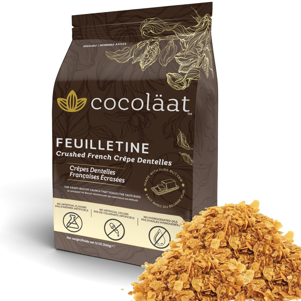 Cocolaat Feuilletine crumble-biscuit-crunch adds delicate texture to pastries.