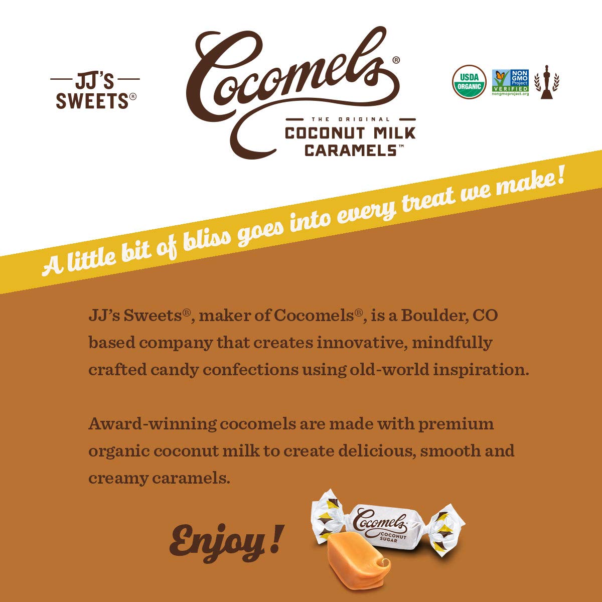Cocomels ingredient label close-up, natural ingredients highlighted