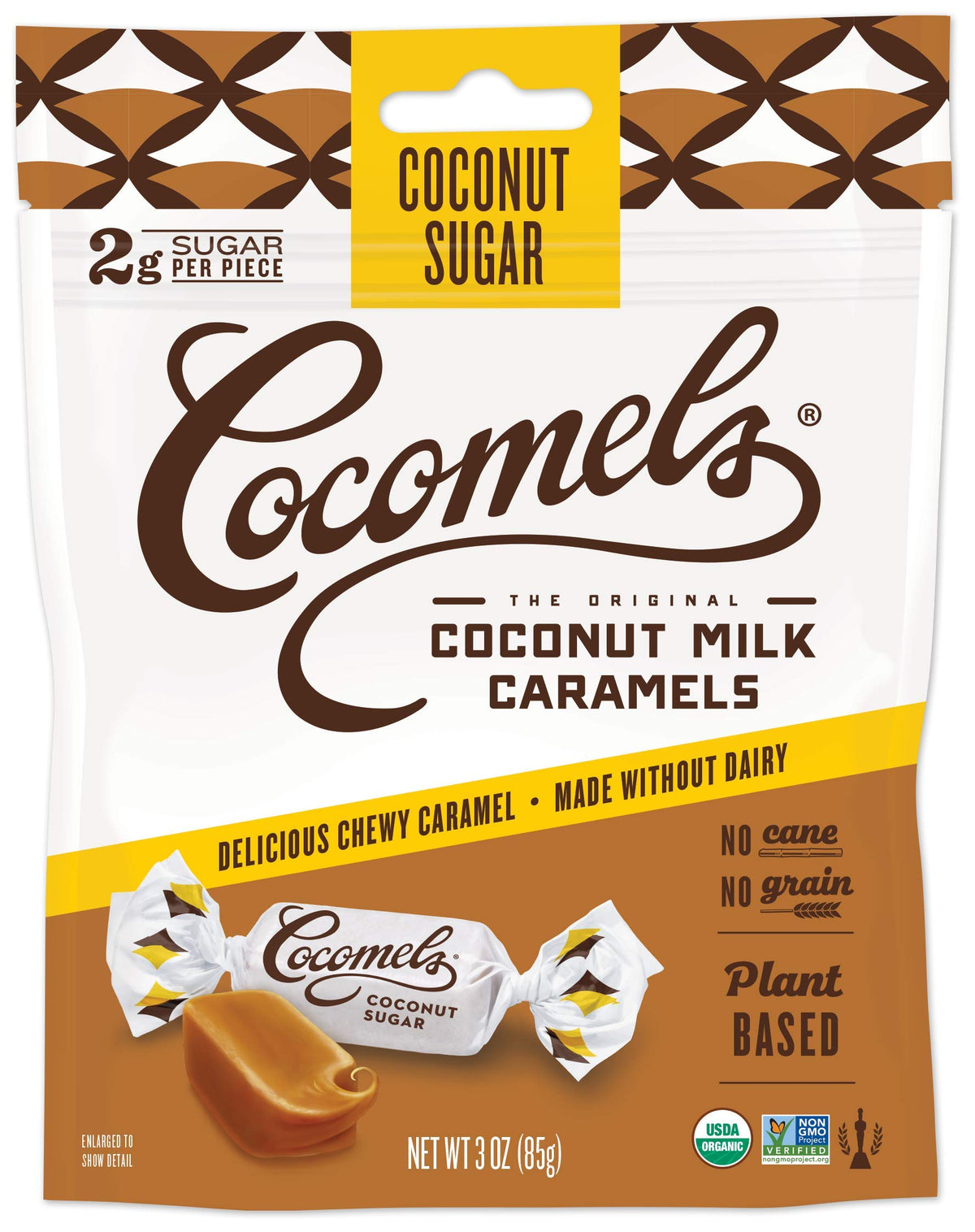 Cocomels coconut milk caramels pack on table, dairy-free treat perfect for snacking