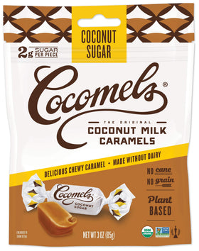 Cocomels coconut milk caramels pack on table, dairy-free treat perfect for snacking