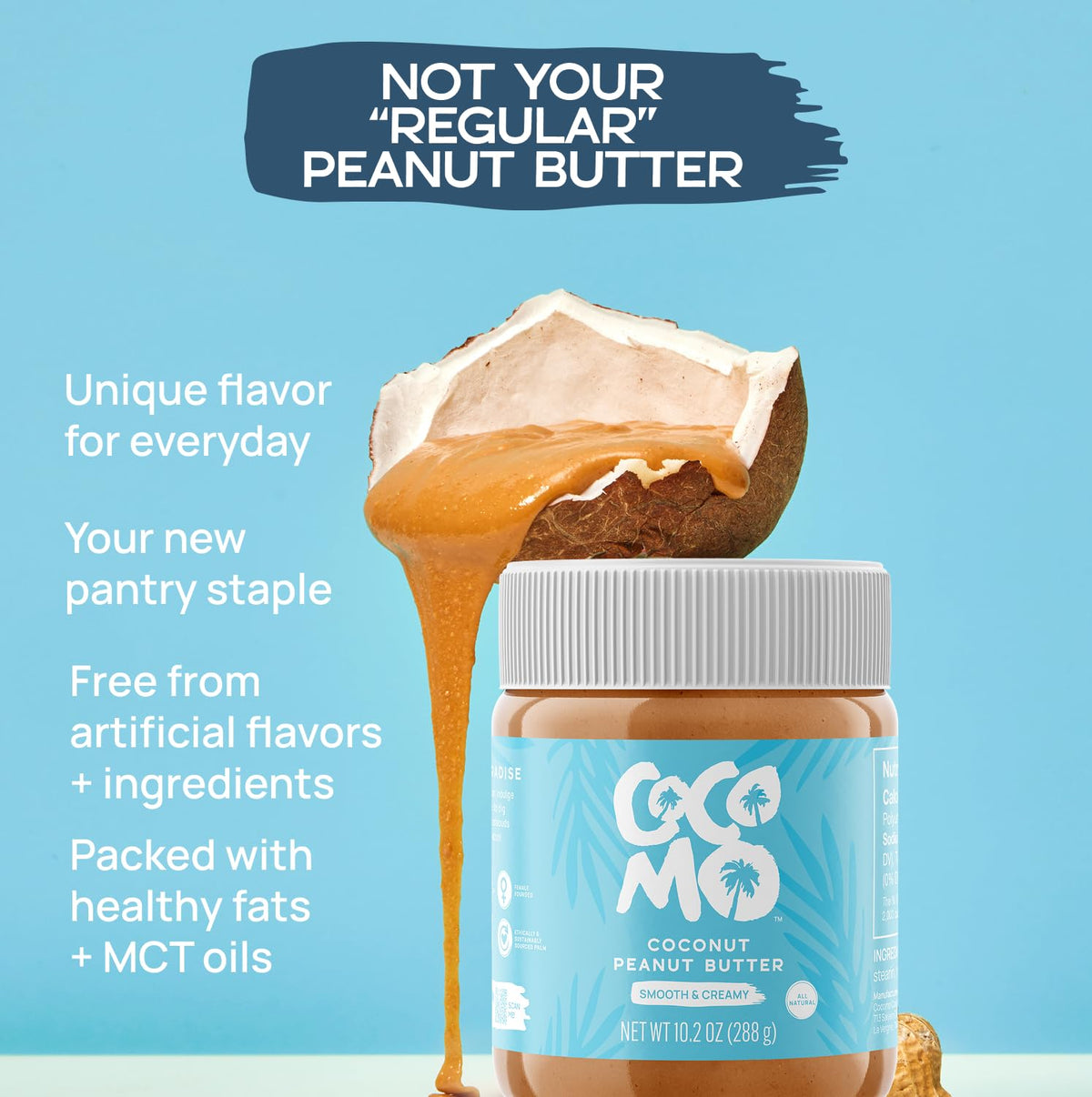 Cocomo coconut peanut butter close-up shows creamy texture ideal for spreading