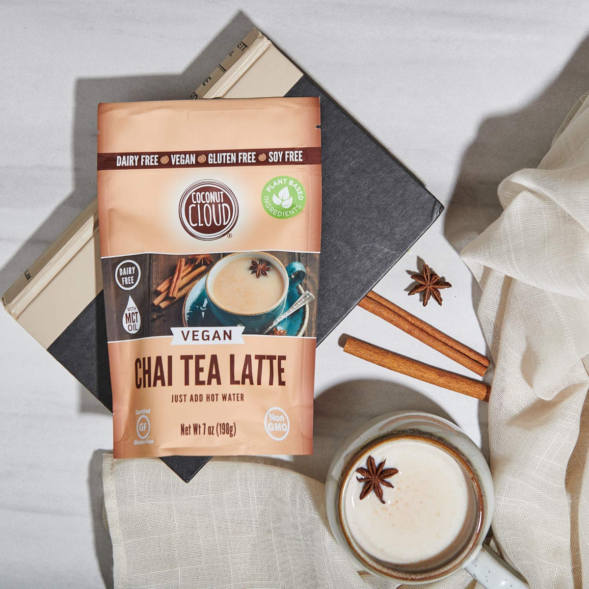 Coconut Cloud chai latte package highlights gluten-free, soy-free, non-GMO benefits.