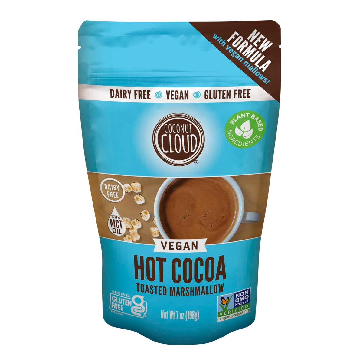 Coconut Cloud hot cocoa mix with vegan vanilla marshmallows for a dairy-free indulgence.