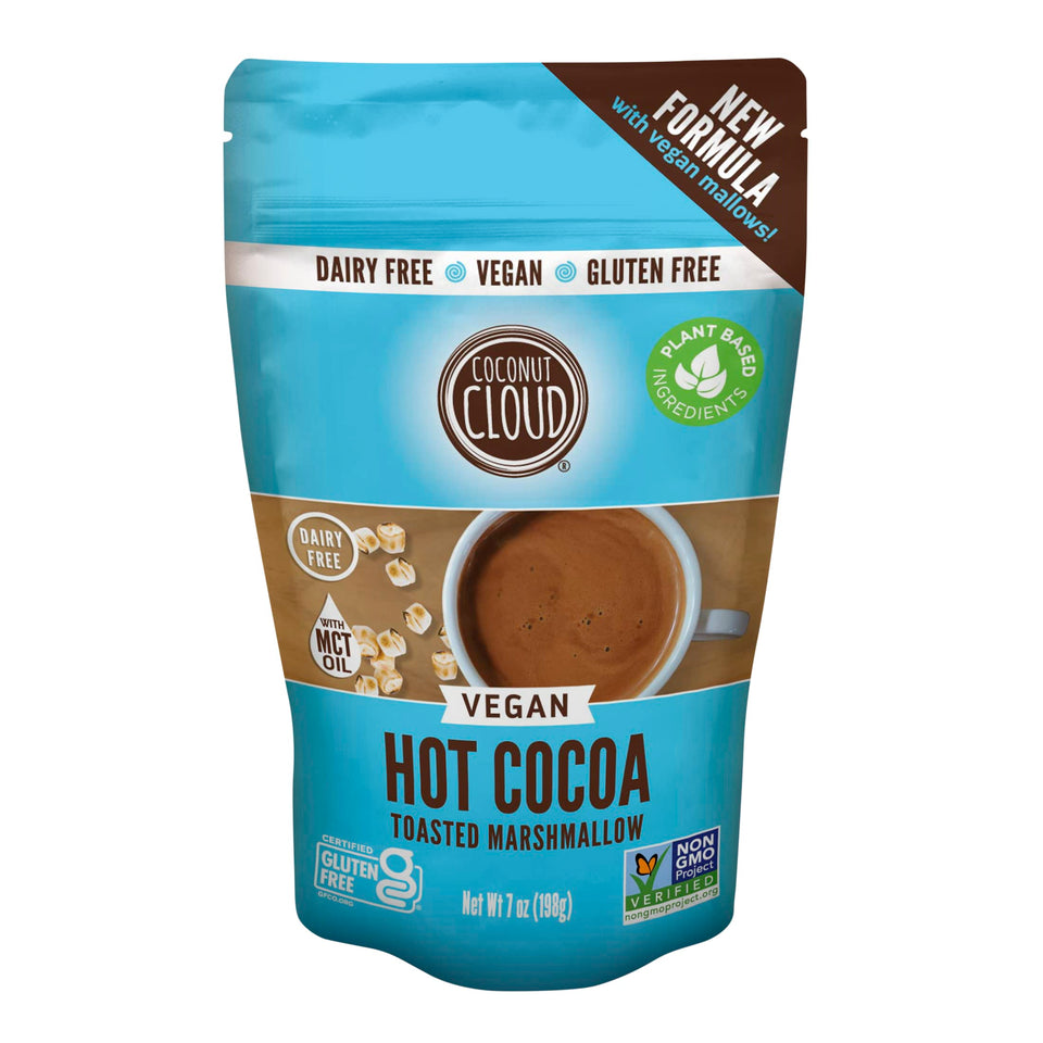 Coconut Cloud hot cocoa mix with vegan vanilla marshmallows for a dairy-free indulgence.