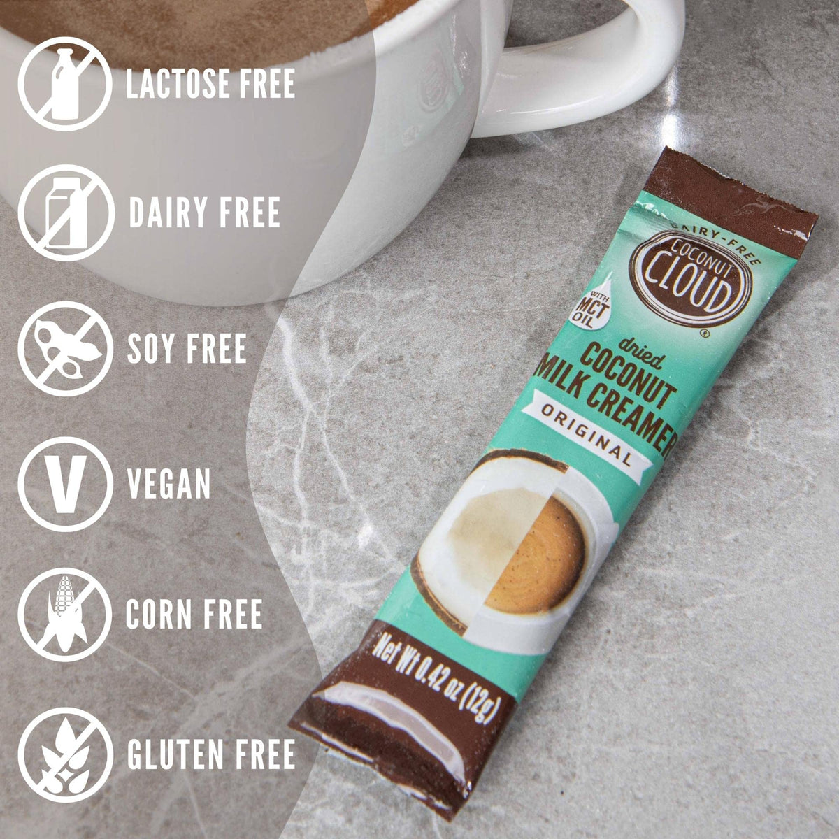 Ingredient list showing simple, non-GMO coconut milk powder for a clean base.