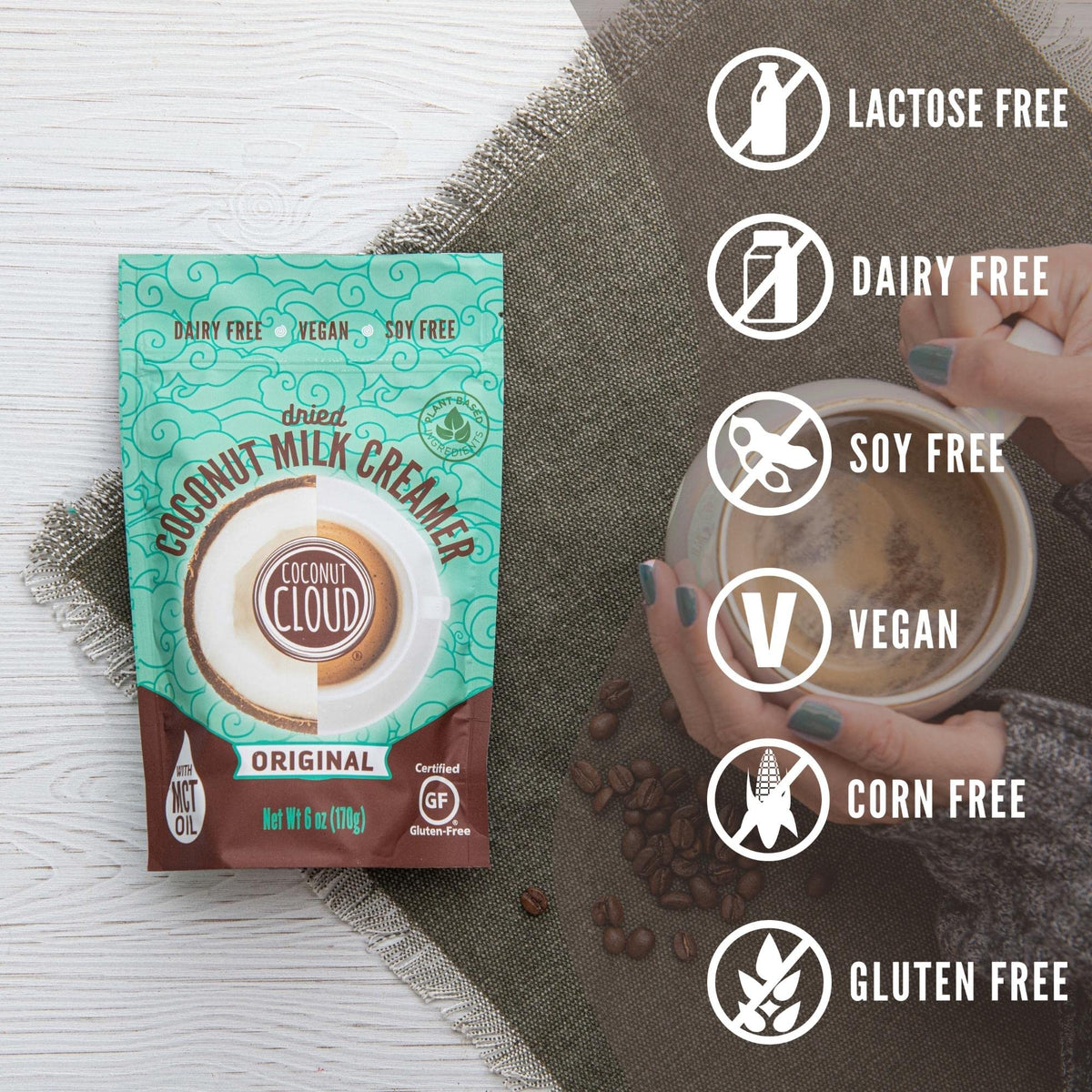 Coconut Cloud Original Coffee Creamer dissolving in hot water, quick dairy-free milk substitute