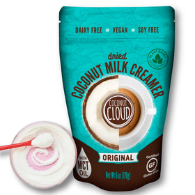 Coconut Cloud Original Coffee Creamer package on table, dairy-free convenience for busy mornings