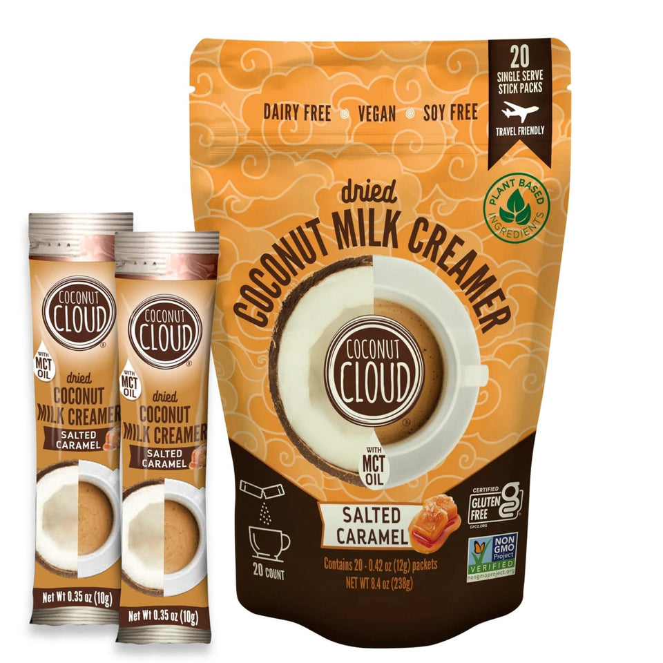 Coconut Cloud salted caramel creamer stick pack for on-the-go coffee.