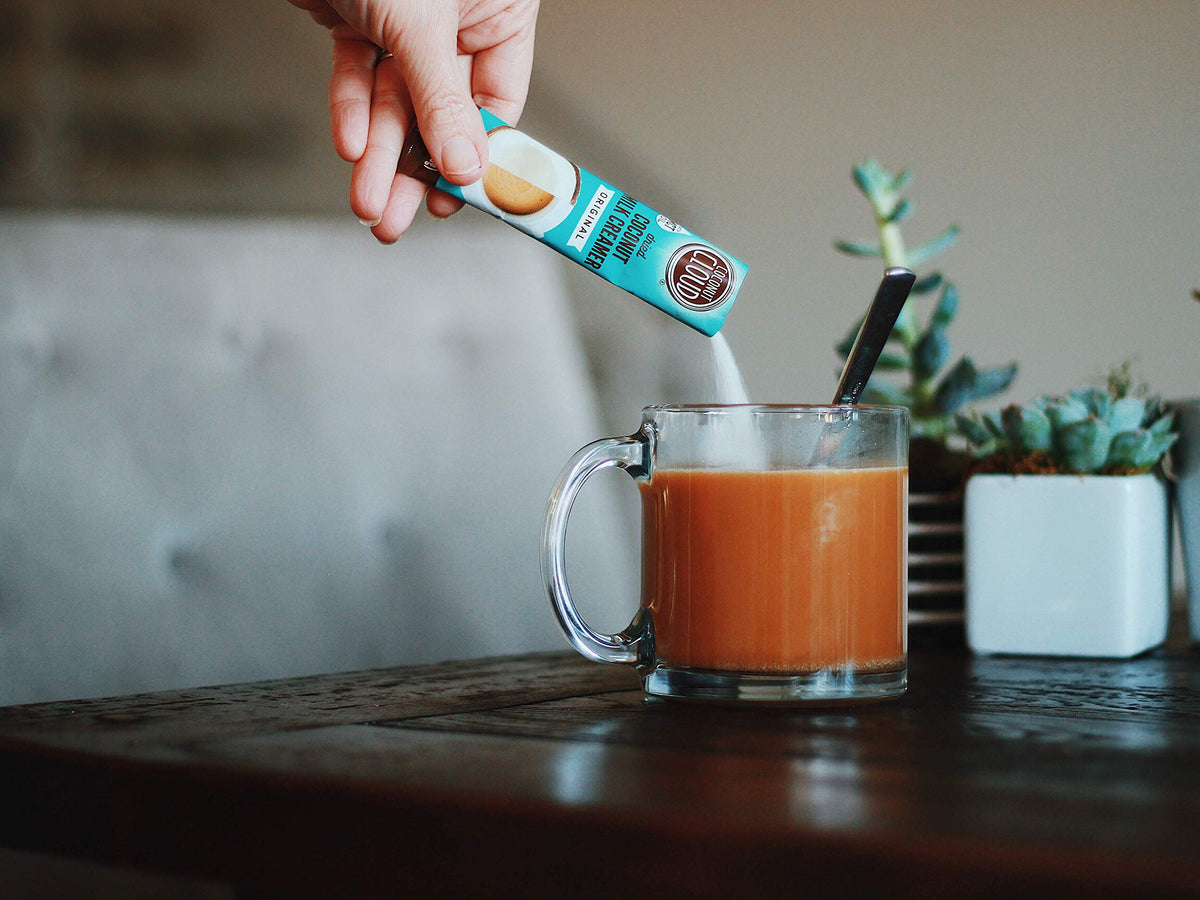 Single-serve stick packet shown for on-the-go Coconut Cloud creamer.